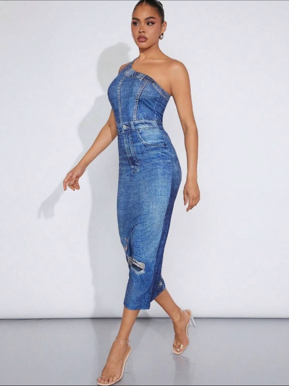 One-Shoulder Blue Denim Midi Dress - Picture 5 of 7